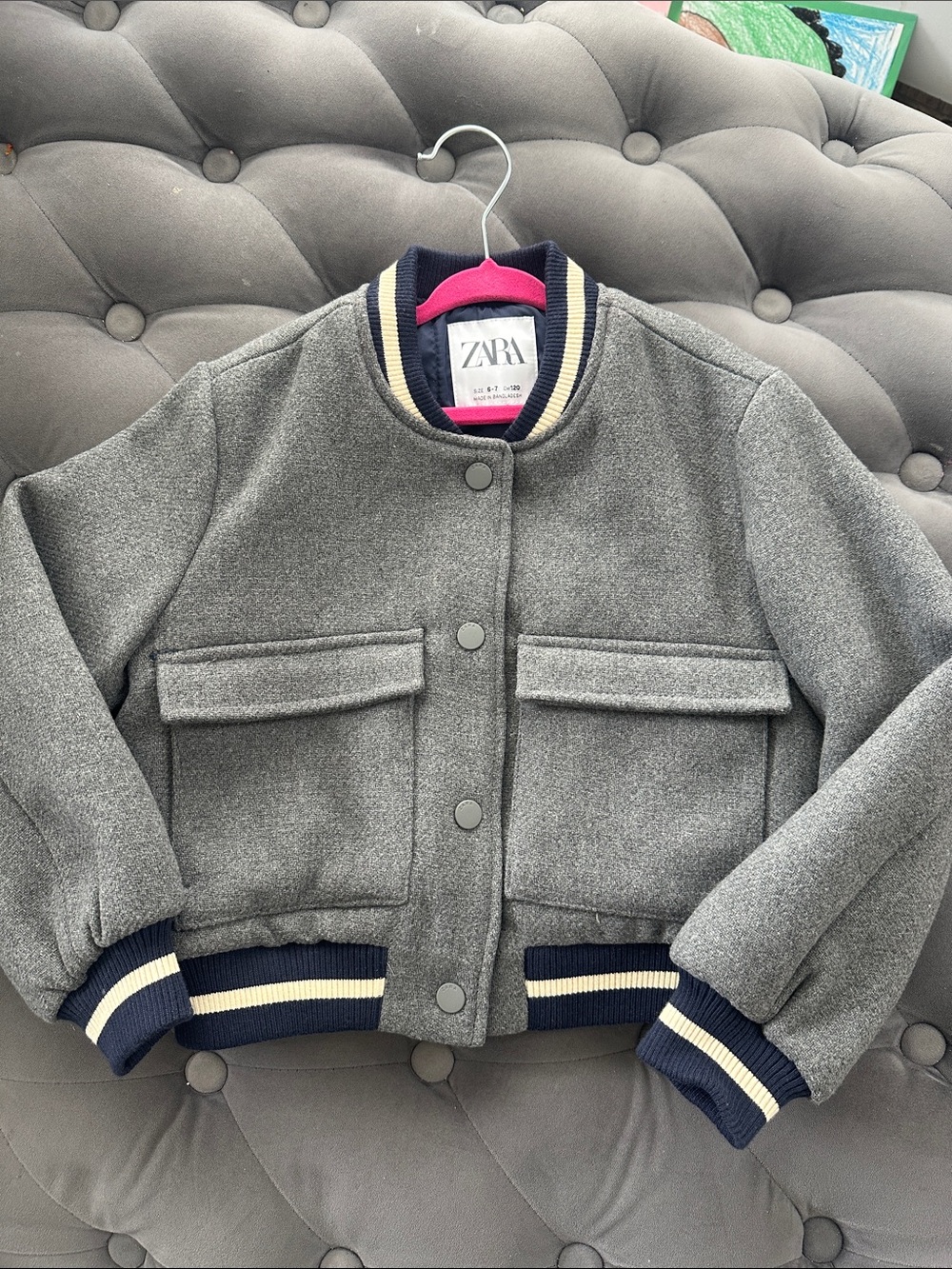 Zara Gray Kids Bomber Jacket with Navy & Cream Trim